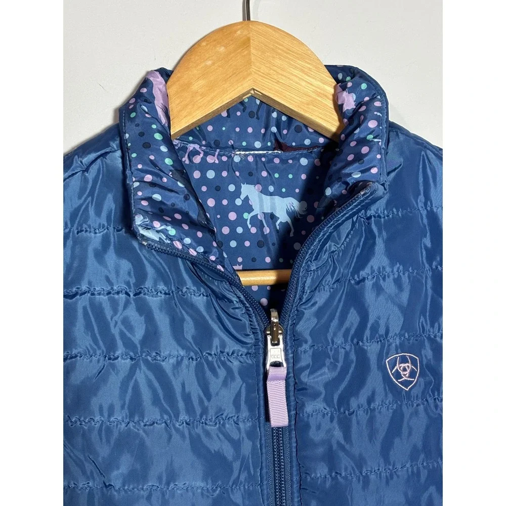 Ariat Reversible Puffer Vest Kids XL 14 Blue Horse Polka Dot Print Quilted Zip‎